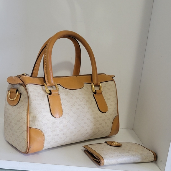 GUCCI Coated Canvas/Leather Matching BAG & Wallet SET🔥IVORY/Camel🤩VGUC/Vintage - Picture 3 of 16